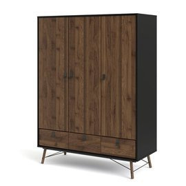 Szafa trzydrzwiowa z szufladami czarna / orzech mat 150 x 200 cm Ryan