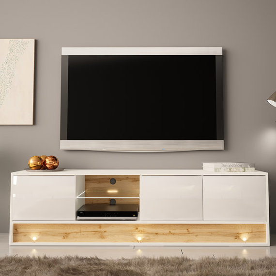 Biała szafka RTV Image 180 cm, 3 drzwi, z wstawką dąb wotan i oświetleniem LED