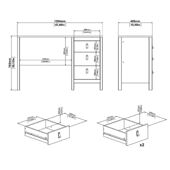 Biurko Madrid 120 x 48 x 76 cm, 3 szuflady, czarny mat 