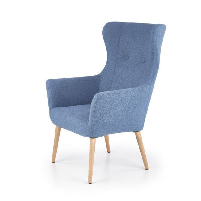 Fotel wypoczynkowy Cotto, tkanina niebieska, nóżki drewno lite kauczukowe naturalne