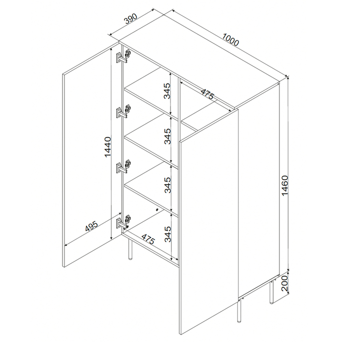 Komoda wysoka z drzwiami czarna mat 100 x 166 cm Modena