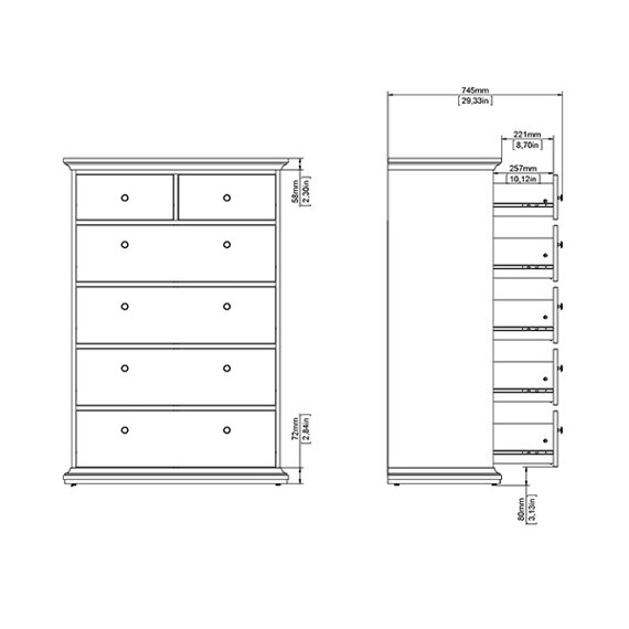 Komoda wysoka z szufladami biała mat 96 cm Paris