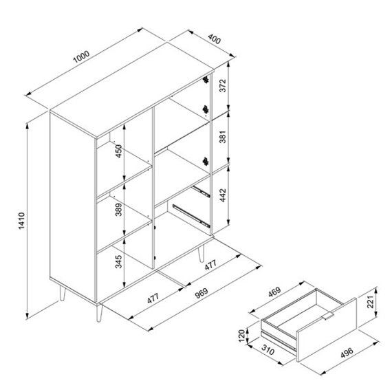 Komoda z szufladami i drzwiami biała / dąb sonoma mat 100 cm Göteborg