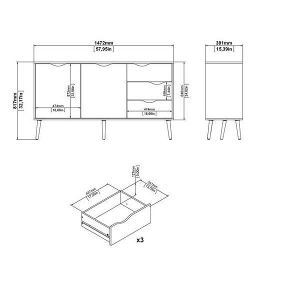 Komoda z szufladami i drzwiami biała / dąb sonoma mat 147 cm Oslo