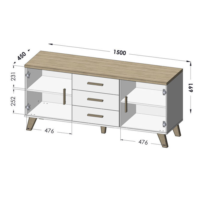 Komoda z szufladami i drzwiami biała / dąb sonoma mat 150 cm Livorno