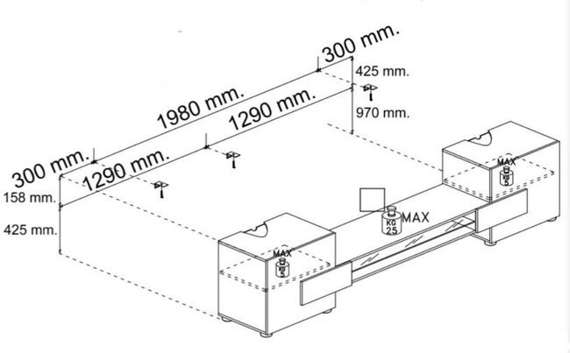 Szafka RTV biała / dąb mat 258 cm Totality