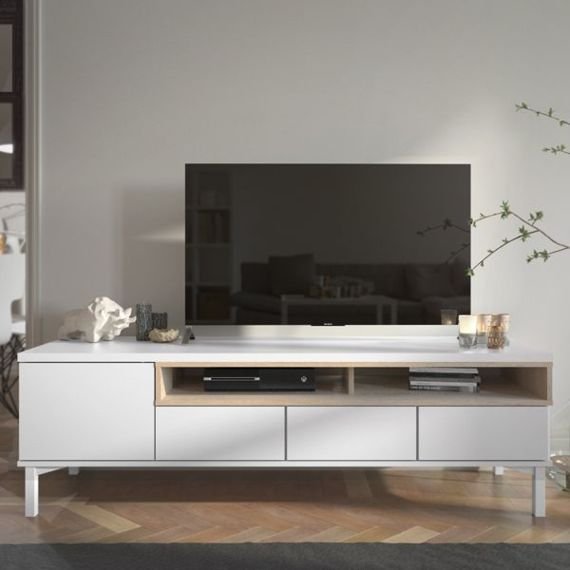 Szafka RTV biała / dąb sonoma mat 156 cm Roomers