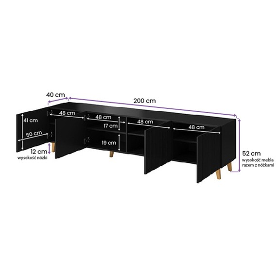 Szafka RTV czarna mat 200 cm Malia