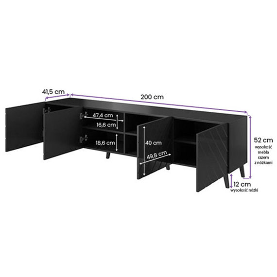 Szafka RTV czarna mat / połysk 200 cm Sierra