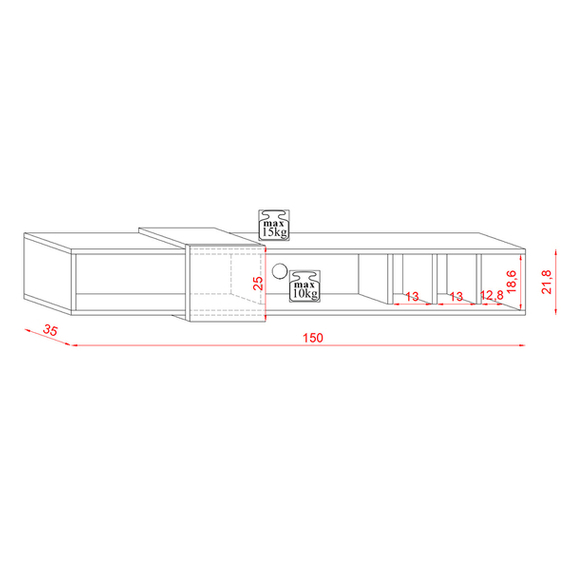 Wisząca szafka RTV Ronda 150 x 35 x 25 cm, korpus biały mat, półki antracyt