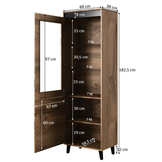 Witryna dwudrzwiowa dąb wotan / antracyt mat 60 x 183 cm North 